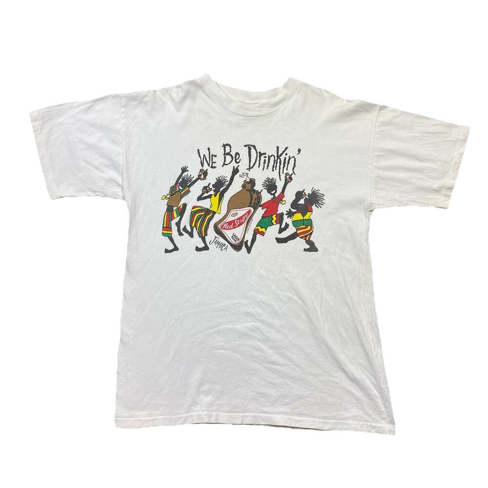 Vintage 90s Red Stripe Jamaica Graphic T Shirt Mens Large White Hefty